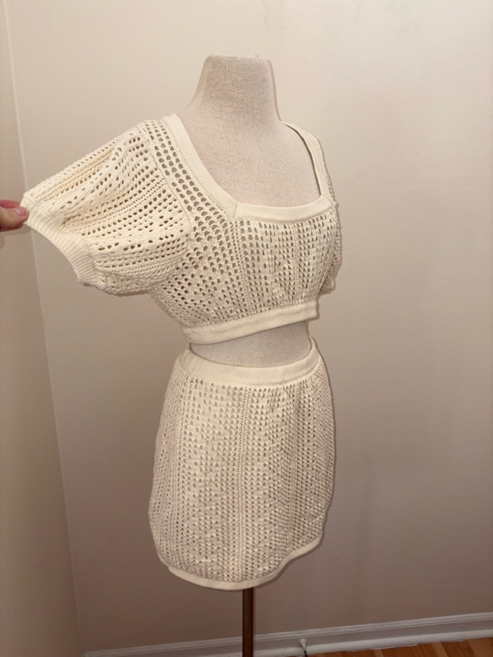 Sabo Lux Cotton Kimmi Beige Crochet Crop Top & Skirt Set Large Festival Bohemian - Picture 6 of 13